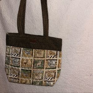 Quilted large tote bag in brown and animal print